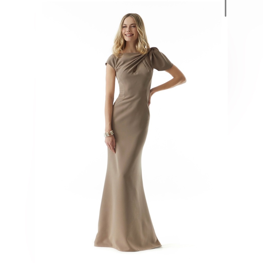 MGNY By Morilee 73022 Crepe Beaded Shoulder Bow Sheath Gown